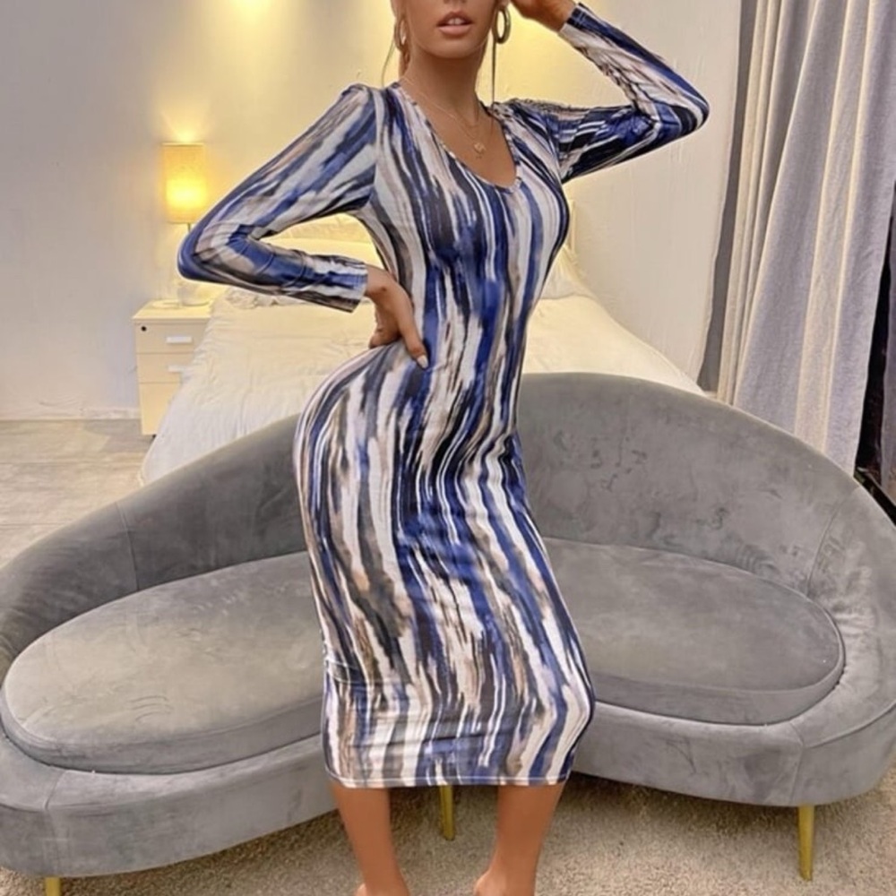 Elegant Blue and Black Striped Dress